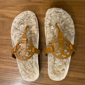 Tory Burch Miller Shearling Sandals Tan Leather Size 8